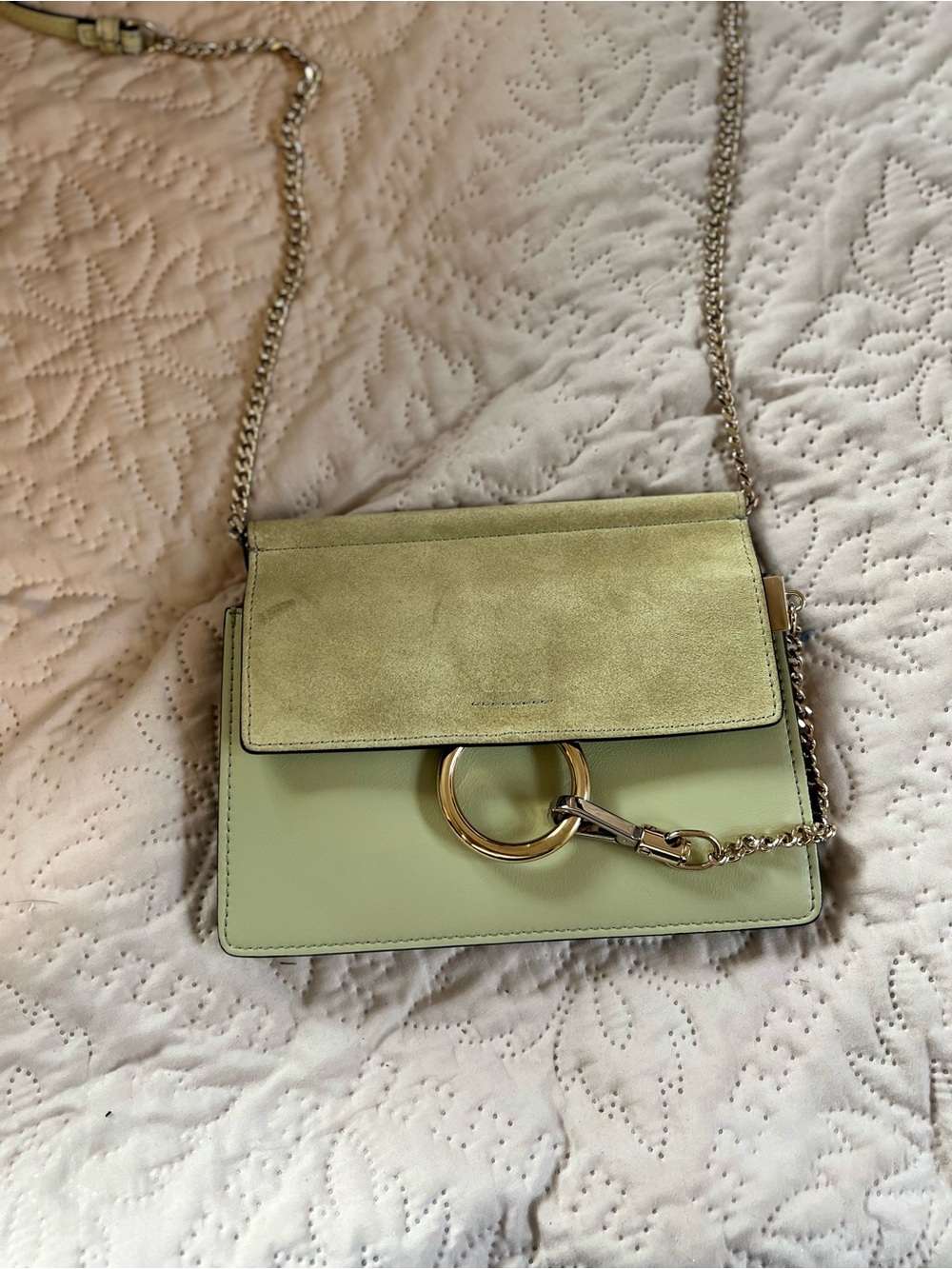 Chloe Green Leather and Suede Crossbody with Gold Ring